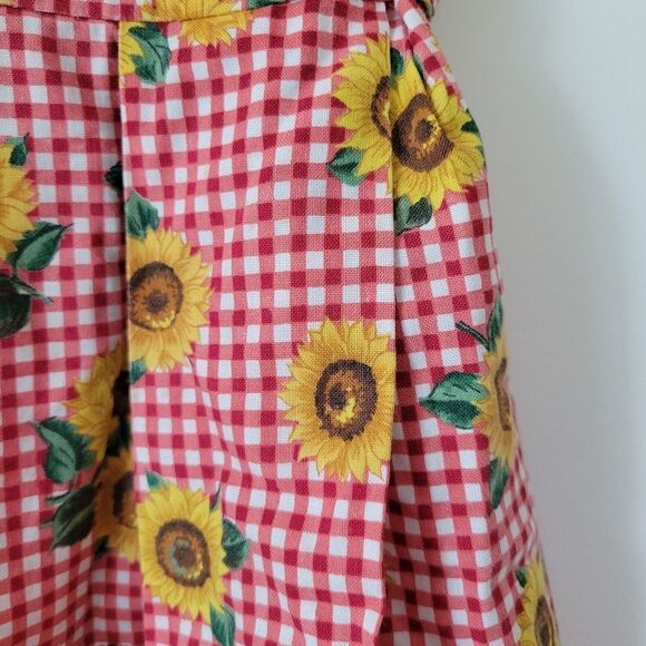 Handsewn Red Gingham Sunflower Midi Dress Pleated Scoop Neck M - Picture 4 of 8